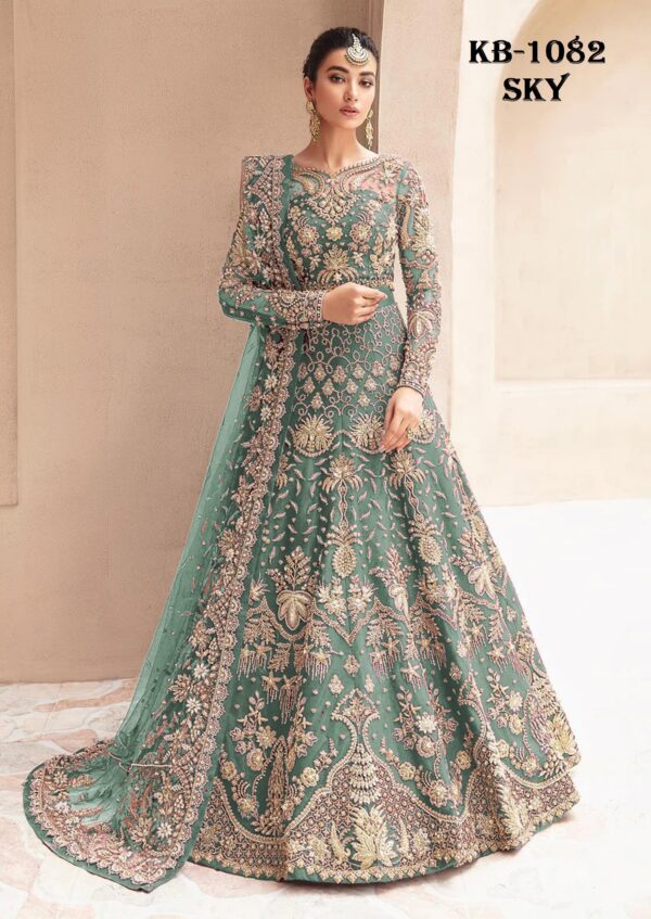 Sky Color Heavy Butterfly Net Beautiful Embroidery Work Bridal Gown