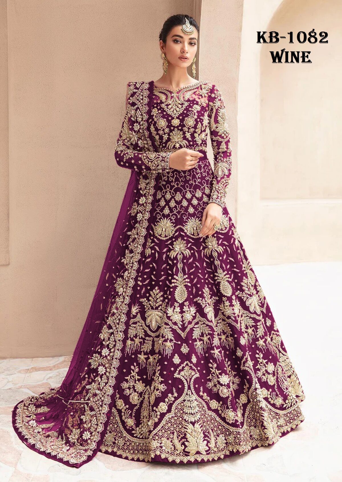 Wine Color Heavy Butterfly Net Beautiful Embroidery Work Bridal Gown