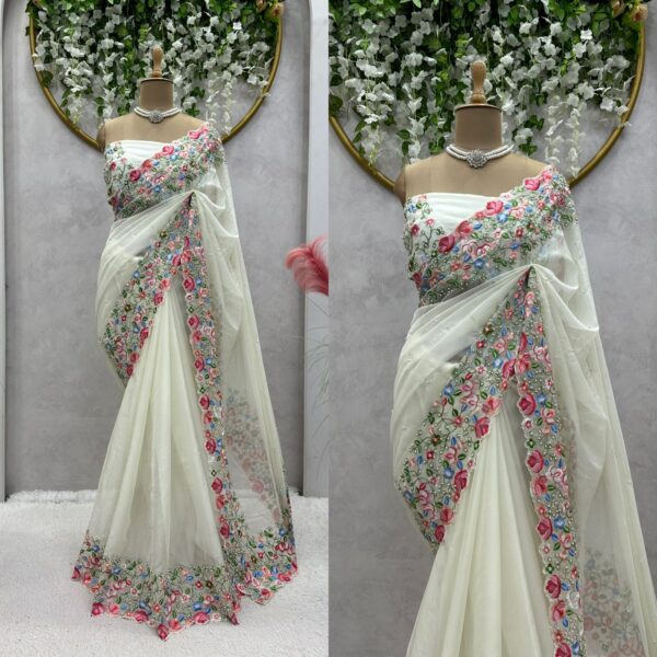 White Color Heavy Tabby Silk Fabric Saree