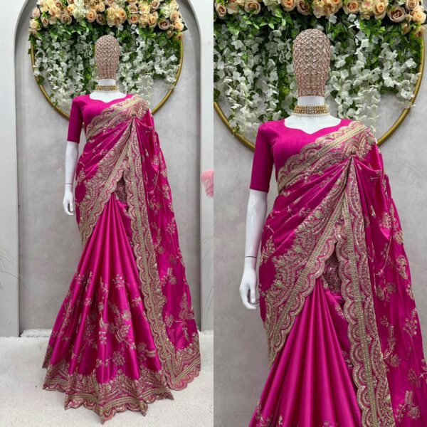 Pink Color Japan Satin Fabric Saree