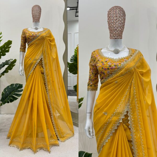 Yellow Color Heavy Tabby Silk Fabric Saree