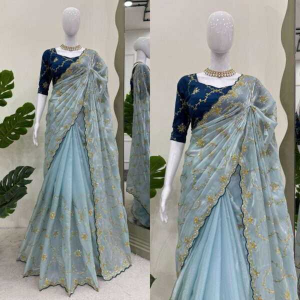 Sky Color Heavy Jimmy Choo Fabric Saree