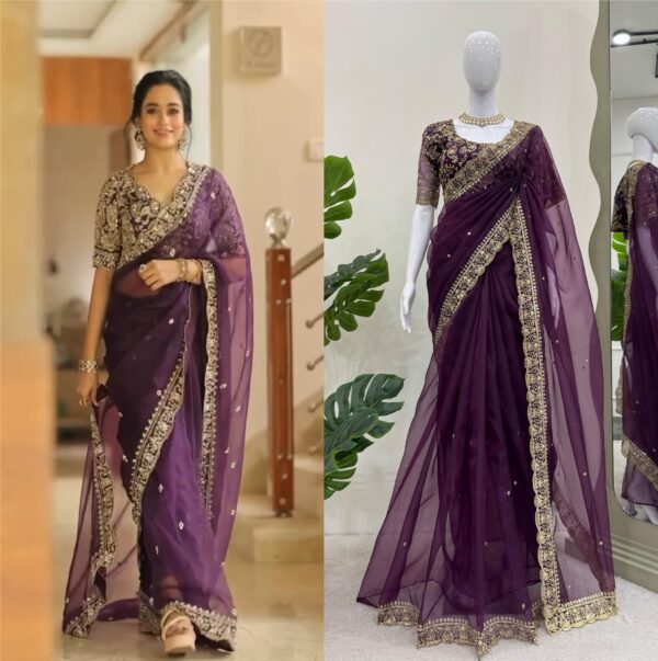 Purple Color Heavy Organza Silk Fabric Saree