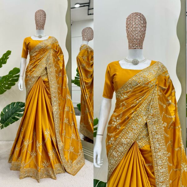 Yellow Color Japan Satin Silk Fabric Saree