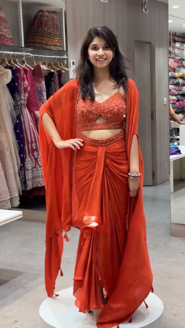 Orange Color Satin Silk Ready To Wear Dhoti Style Lehenga