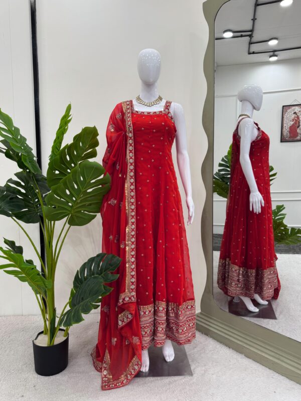 Red Color Faux Georgette Fabric Suit