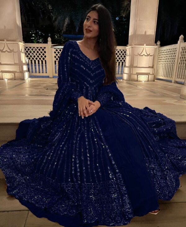 Blue Color Faux Georgette Fabric Top Lehenga