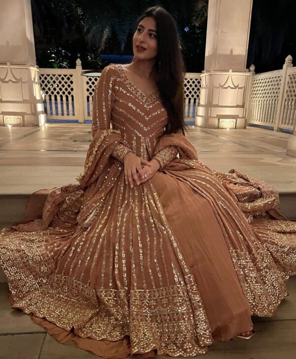 Brown Color Faux Georgette Fabric Top Lehenga