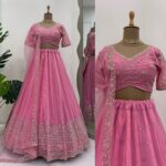 Pink Color Faux Georgette Fabric Thread Sequence Work Lehenga