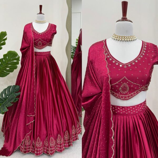 Dark Pink Color Satin Silk Hot Fixing Real Mirror Work Lehenga