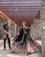 Black Color Faux Georgette Thread Sequence Work Lehenga