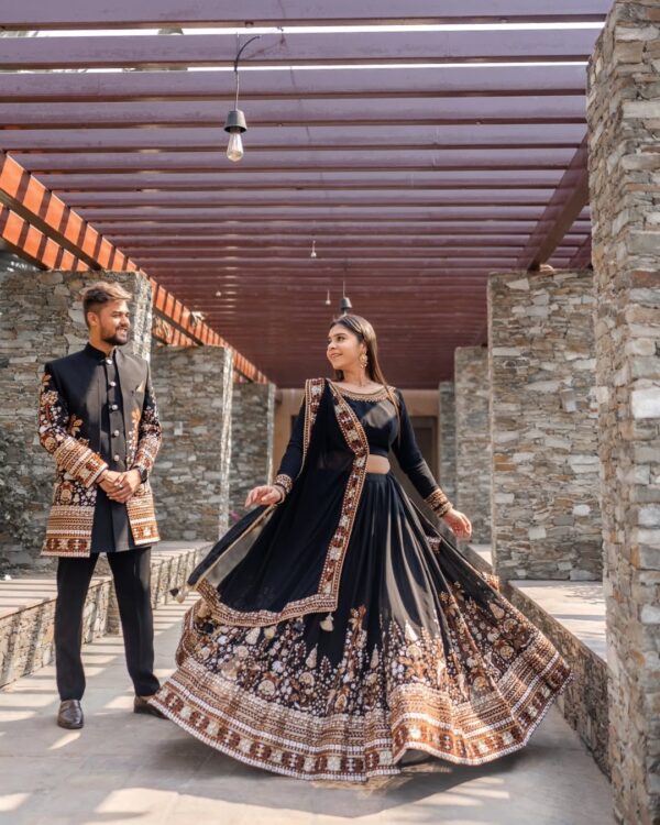 Black Color Faux Georgette Thread Sequence Work Lehenga