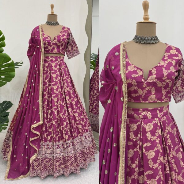 Light Dark Pink Color Jacquard Fabric Thread Sequence Work Lehenga