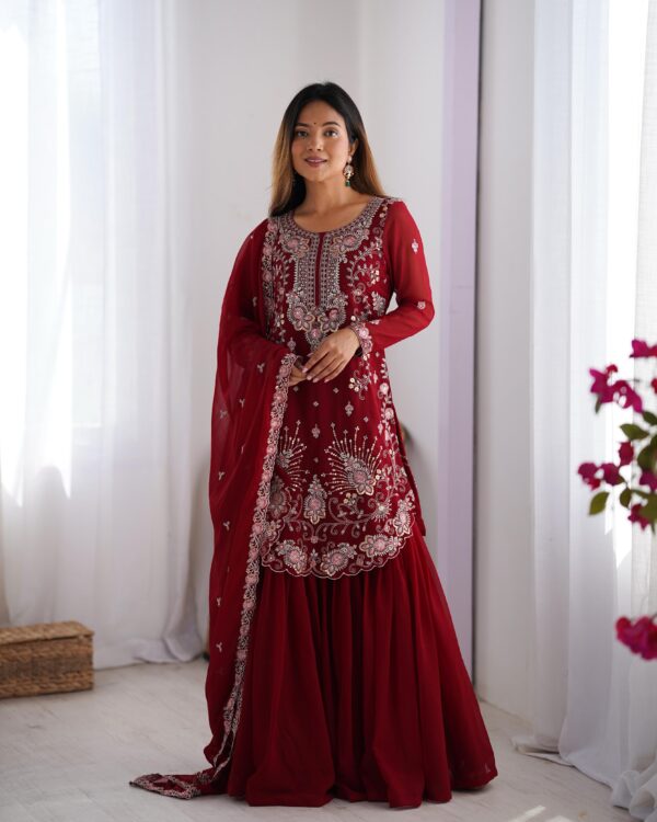 Maroon Color Faux Georgette Fabric Sharara Set