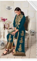 Attractive Rama Blue Color Faux Georgette Embroidery With Stone Work Suit