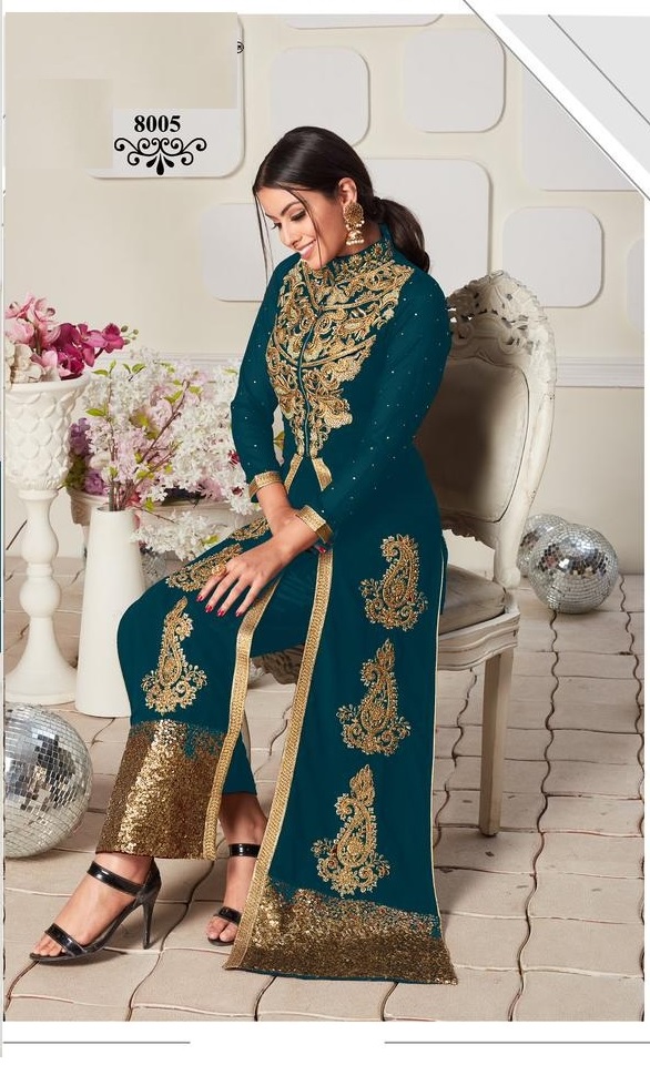 Attractive Rama Blue Color Faux Georgette Embroidery With Stone Work Suit