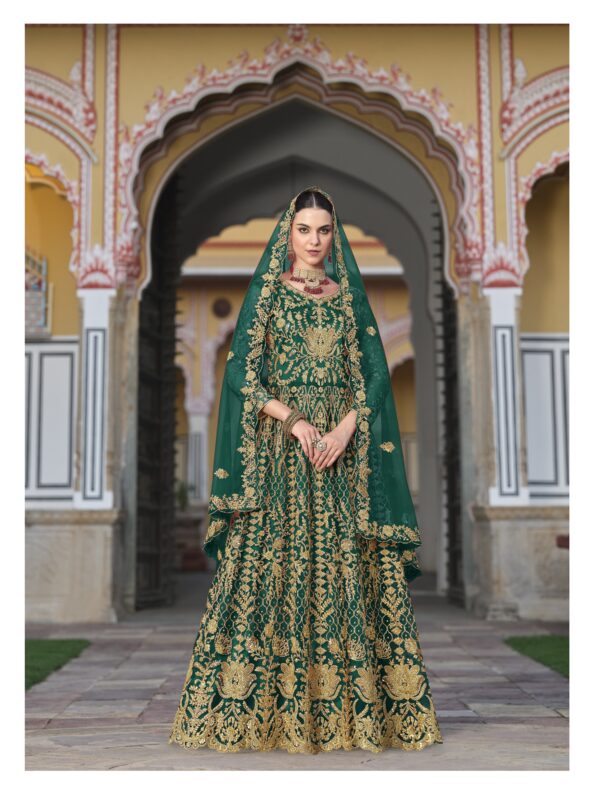 Green Color Pure Butterfly Net Fabric Beautiful Embroidery Work Bridal Suit
