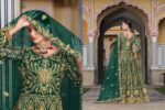 Green Color Pure Butterfly Net Fabric Beautiful Embroidery Work Bridal Suit