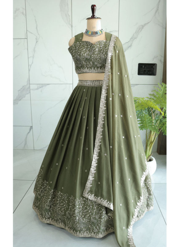 Mehandi Green Color Star Faux Georgette Fabric Sequence Embroidery Work Lehenga Choli