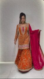 Orange Color Faux Georgette Fabric Thread With Sequence Work Sharara Set