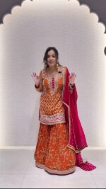 Orange Color Faux Georgette Fabric Thread With Sequence Work Sharara Set