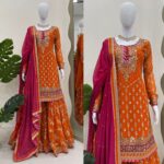 Orange Color Faux Georgette Fabric Thread With Sequence Work Sharara Set