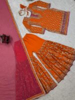 Orange Color Faux Georgette Fabric Thread With Sequence Work Sharara Set