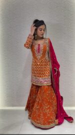 Orange Color Faux Georgette Fabric Thread With Sequence Work Sharara Set