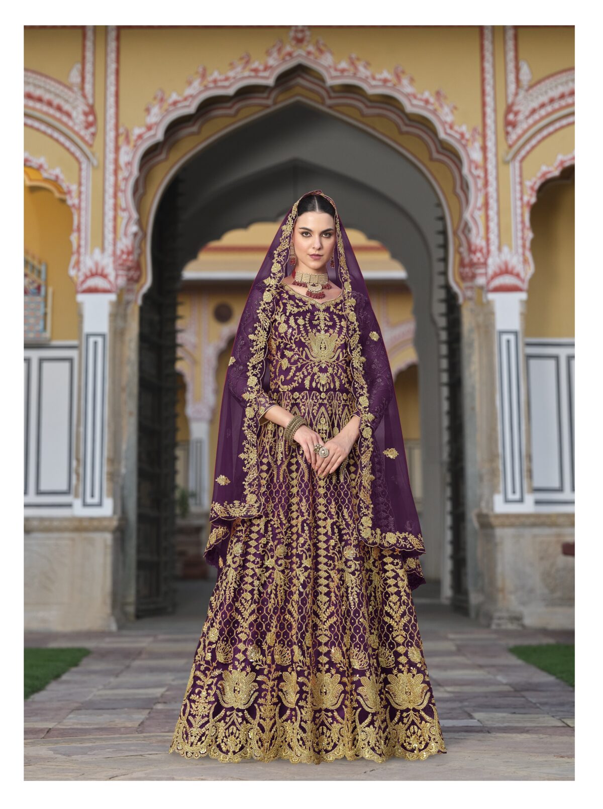 Purple Color Pure Butterfly Net Fabric Beautiful Embroidery Work Bridal Suit