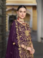Purple Color Pure Butterfly Net Fabric Beautiful Embroidery Work Bridal Suit