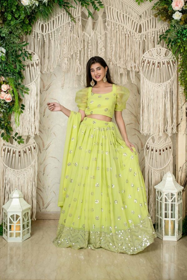 Neon Color Georgette Fabric Embroidery Work Lehenga