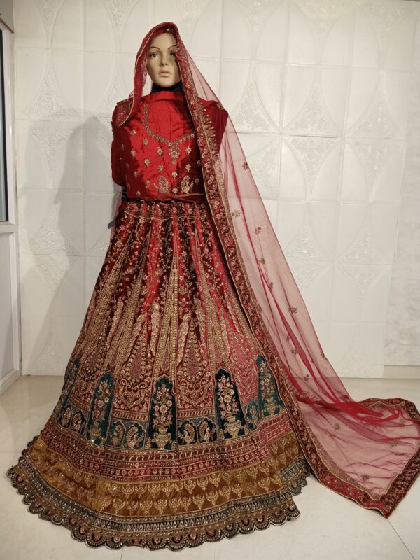 Multi Color Heavy Velvet With Beautiful Embroidery Work Bridal Lehenga