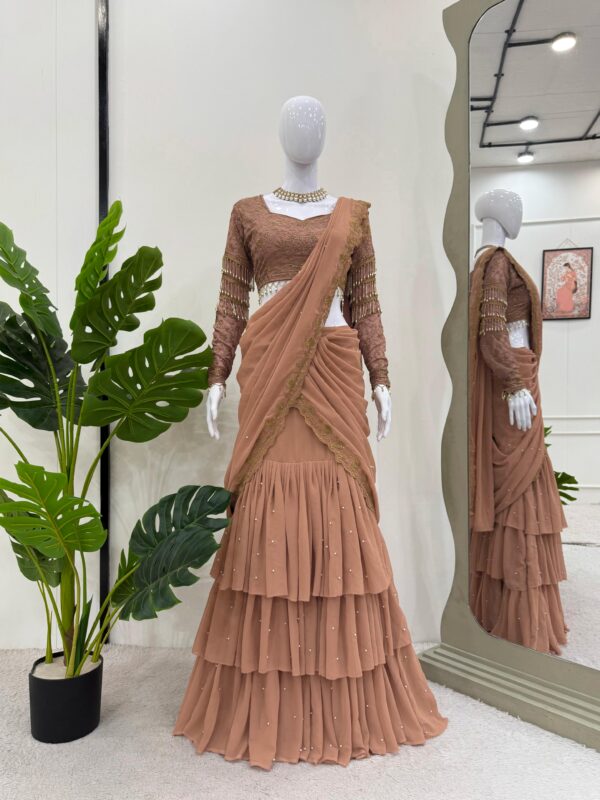 Brown Color Faux Georgette Ready To Wear Lehenga Saree