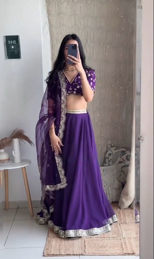 Blue Color Faux Georgette Thread Sequence Work Lehenga