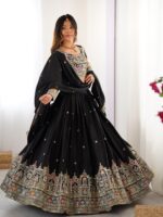 Black Color Natural Crepe Silk Fabric Thread With Sequence Work Lehenga