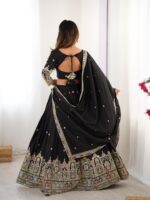 Black Color Natural Crepe Silk Fabric Thread With Sequence Work Lehenga
