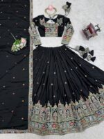 Black Color Natural Crepe Silk Fabric Thread With Sequence Work Lehenga