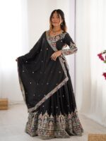 Black Color Natural Crepe Silk Fabric Thread With Sequence Work Lehenga