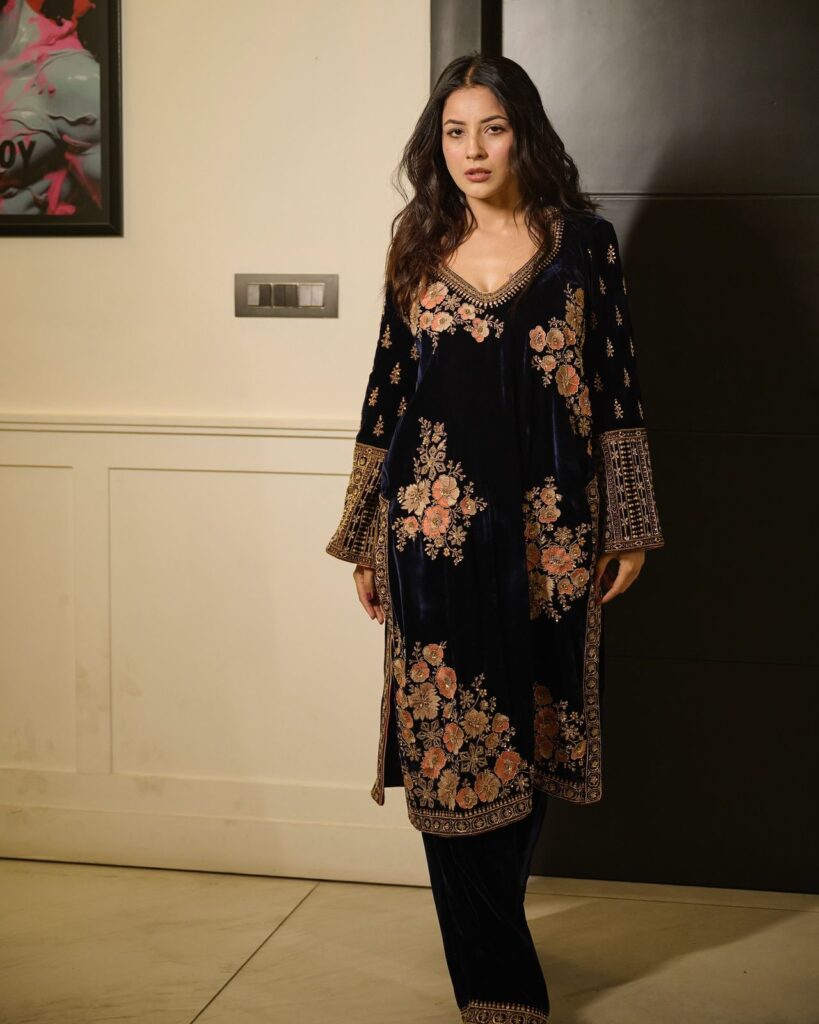 Bollywood Actress Shehnaaz Gill Dark Blue Color Viscose Velvet Fabric Sequence Work Suit