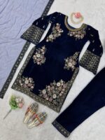Bollywood Actress Shehnaaz Gill Dark Blue Color Viscose Velvet Fabric Sequence Work Suit