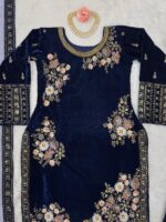 Bollywood Actress Shehnaaz Gill Dark Blue Color Viscose Velvet Fabric Sequence Work Suit