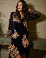 Bollywood Actress Shehnaaz Gill Dark Blue Color Viscose Velvet Fabric Sequence Work Suit