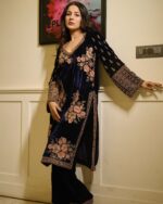 Bollywood Actress Shehnaaz Gill Dark Blue Color Viscose Velvet Fabric Sequence Work Suit