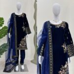Bollywood Actress Shehnaaz Gill Dark Blue Color Viscose Velvet Fabric Sequence Work Suit