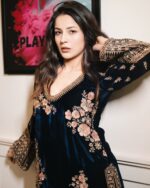 Bollywood Actress Shehnaaz Gill Dark Blue Color Viscose Velvet Fabric Sequence Work Suit