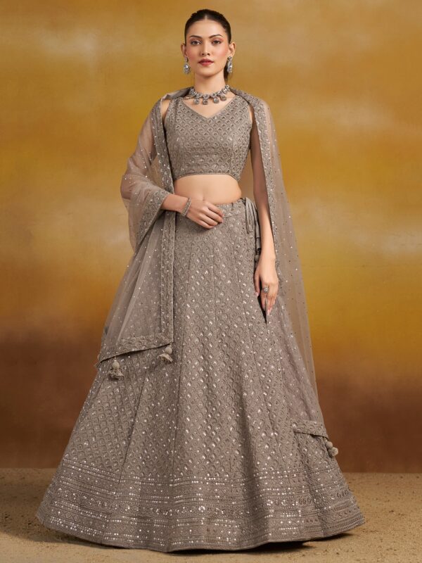 Grey Color Georgette Fabric Embroidery Thread With Sequence Work Lehenga
