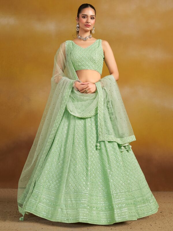 Mint Color Georgette Fabric Embroidery Thread With Sequence Work Lehenga