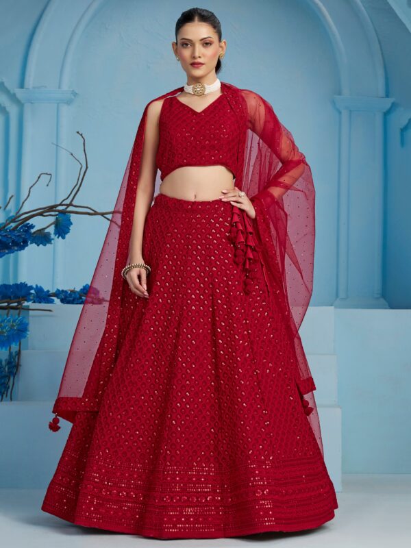Red Color Georgette Fabric Embroidery Thread With Sequence Work Lehenga