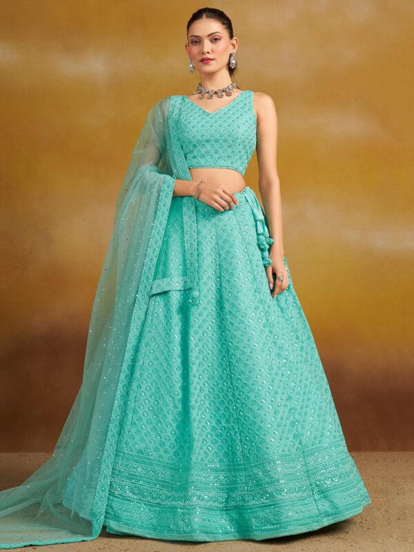 Sky Color Georgette Fabric Embroidery Thread With Sequence Work Lehenga