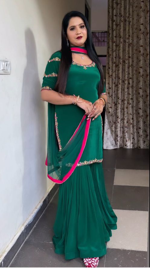 Rama Green Color Natural Crepe Fabric Sharara Set